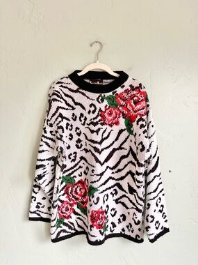 90’s Vintage Zebra Animal Print Metallic Floral Roses Knit Sweater Large EUC
